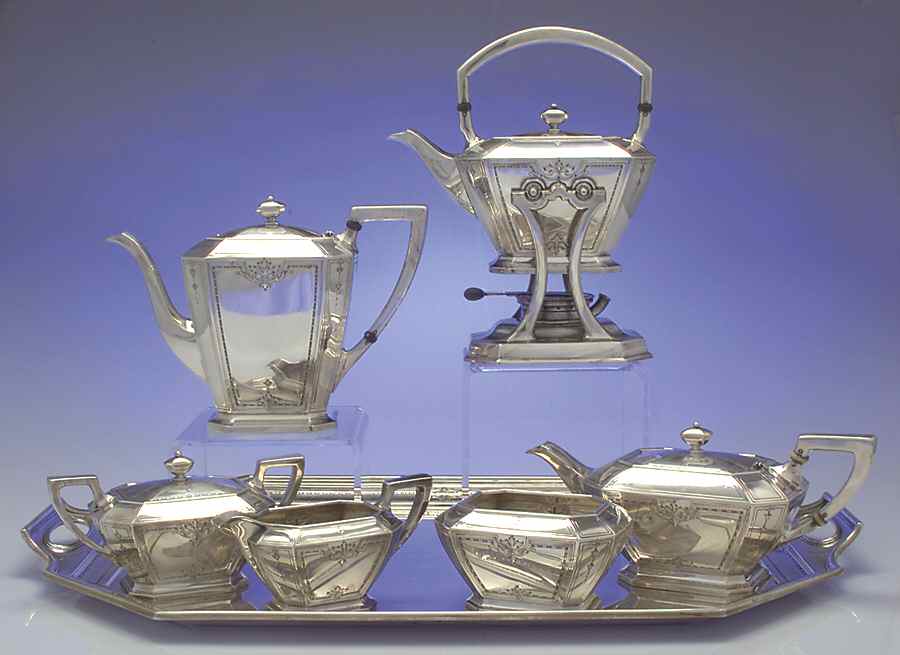 Colfax (Sterling, 1922, Hollowware) 7 Piece Tea Set (SCP, STP, SCR, SSU, SWB, SKES & WTL) by Durgin-1