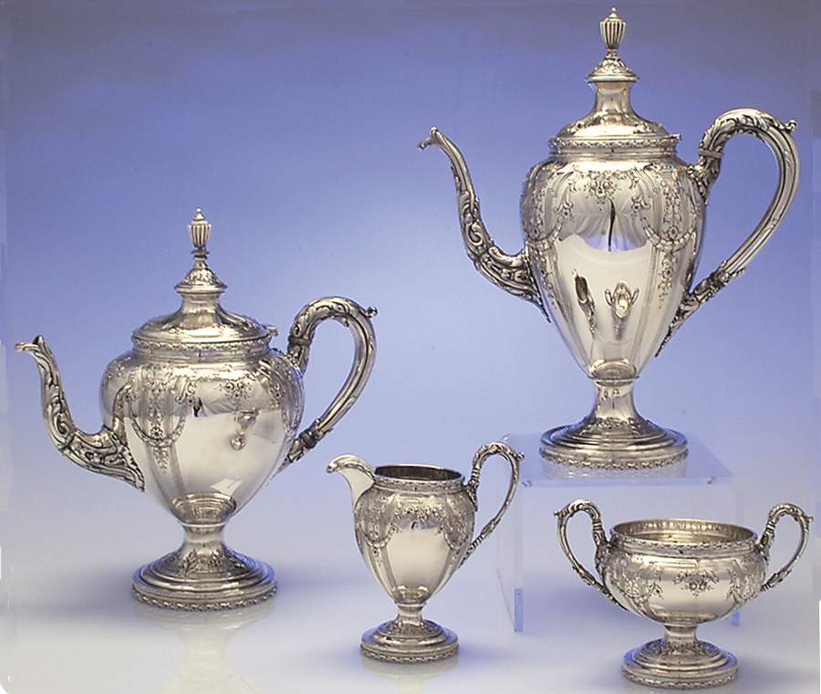 Basket of Flowers (Sterling, 1920, Hollowware) 4 Piece Tea Set (SCP, STP, SCR, SSUO) by Dominick & Haff-1