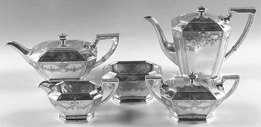 Fairfax No. 4-B-Engraved (Sterling, 1910, Hlwr) 5 Piece Tea Set (SCP, STP, SCR, SSU, SWB) by Durgin-1