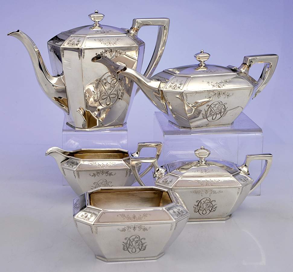 Fairfax No. 2-Engraved (Sterling, 1910, Hollowware) 5 Piece Tea Set (SCP1, STP1, SCR1, SSU1, SWB1) by Durgin-1