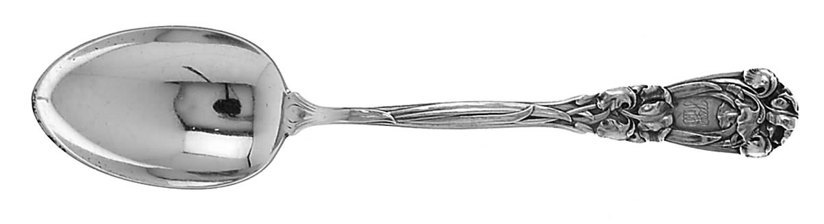 Iris (Sterling, 1900, Monograms) Dessert/Oval Soup Spoon by Durgin-1