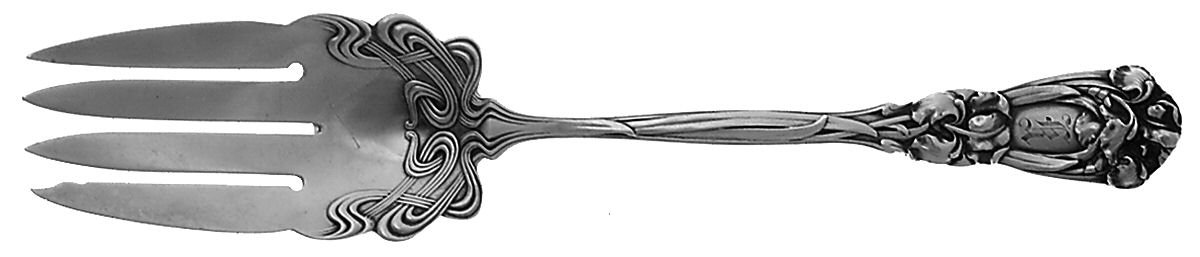 Iris (Sterling, 1900, Monograms) Large Solid Cold Meat Serving Fork by Durgin-1