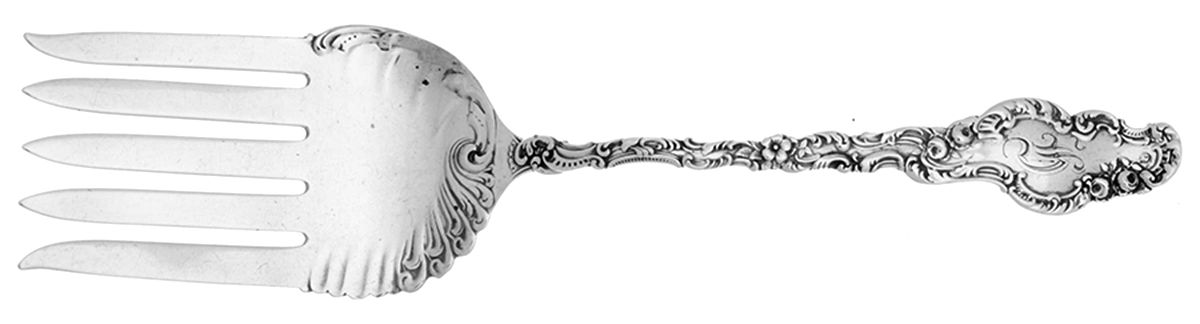 Watteau (Sterling, 1891, Monograms) Small Solid Fish Serving Fork by Durgin-1