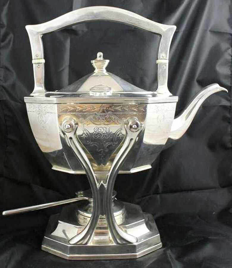 Queen Anne No. 18-Engraved (Sterling, 1910, Hlwr) Kettle, Stand & Burner by Dominick & Haff-1