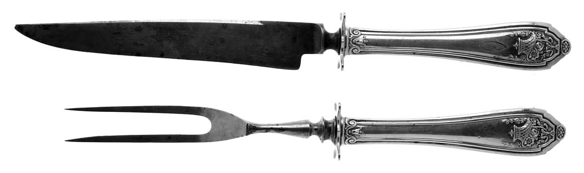 Basket of Flowers (Sterling, 1920, Monograms) Small Stainless Blade 2-Piece Steak Carving Set by Dominick & Haff-1