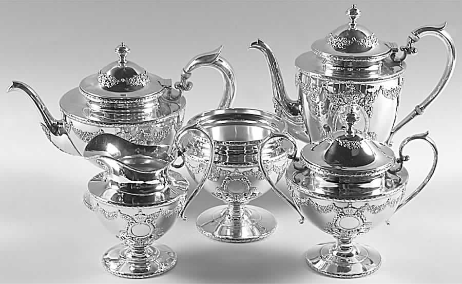 Empire (Sterling, 1895, Hollowware) 5 Piece Tea Set (SCP, STP, SCR, SSU, SWB) by Durgin-1