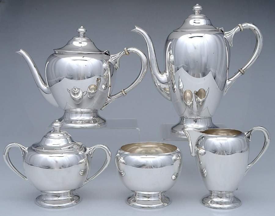500-Plain (Sterling, Hollowware) 5 Piece Tea Set (SCP, STP, SCR, SSU, SWB) by Dunkirk Silversmiths-1