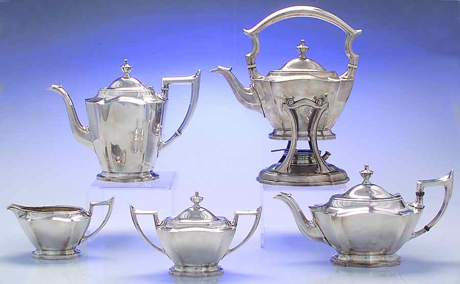 King Albert-Plain (Sterling, Hollowware) 5 Piece Tea Set (SCP, STP, SCR, SSU, SKES) by Durgin-1