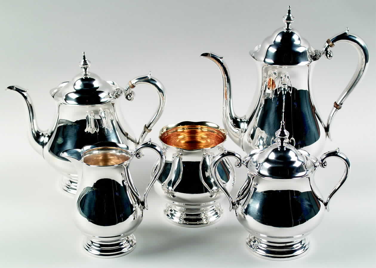 Priscilla (Sterling, Hollowware) 5 Piece Tea Set (SCP, STP, SCR, SSU, SWB) by Durgin-1