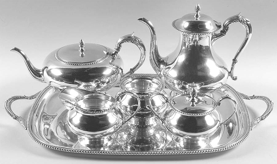 228 (Sterling, Hollowware) 6 Piece Tea Set (SCP, STP, SCR, SSU, SWB, WTL) by Durham Sterling-1