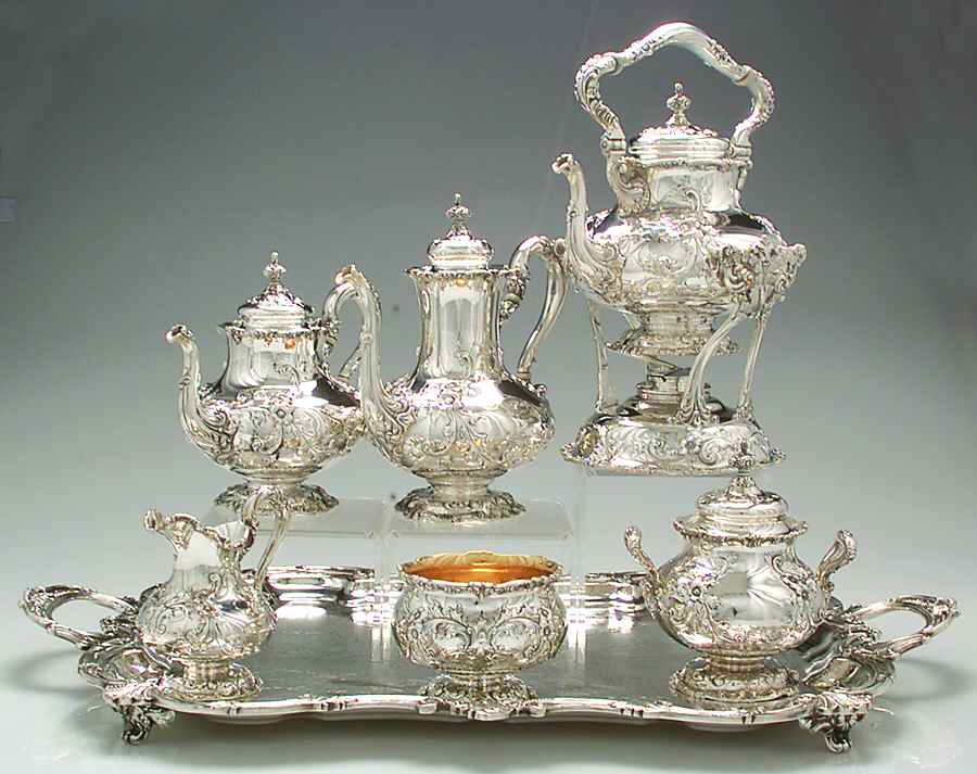 S4800 (Sterling, Hollowware) 7 Piece Tea Set (SCP, STP, SCR, SSU, SWB, SKES, PWT) by Dominick & Haff-1