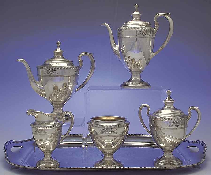Marie Antoinette-Chased (Sterling, Hollowware) 6 Piece Tea Set (SCP, STP, SCR, SSU, SWB, PWT) by Dominick & Haff-1