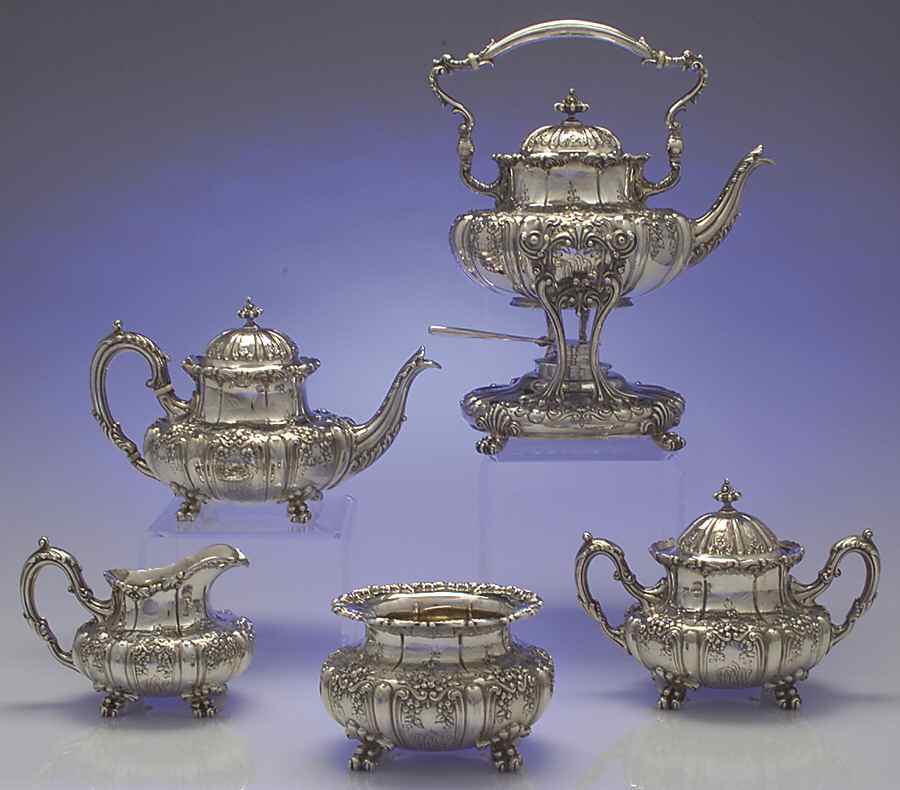 800 (Sterling, Hollowware) 5 Piece Tea Set (STP, SCR, SSU, SWB, SKES) by Dominick & Haff-1