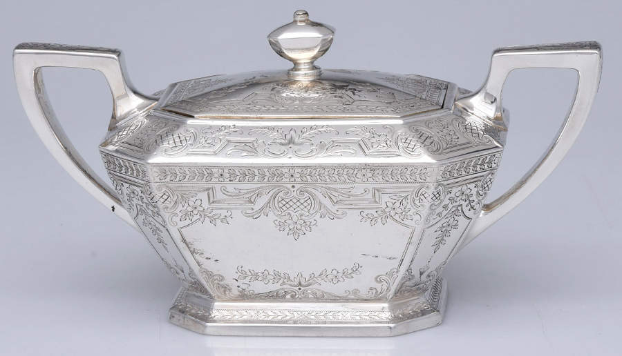 Fairfax-Engraved X (Sterling, Hollowware) Sugar Bowl & Lid by Durgin-1