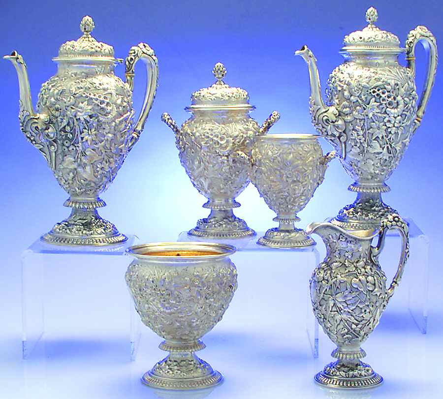 100 (Sterling, Hollowware) 6 Piece Tea Set (SCP, STP, SCR, SSU, SWB, UTB5) by Dominick & Haff-1
