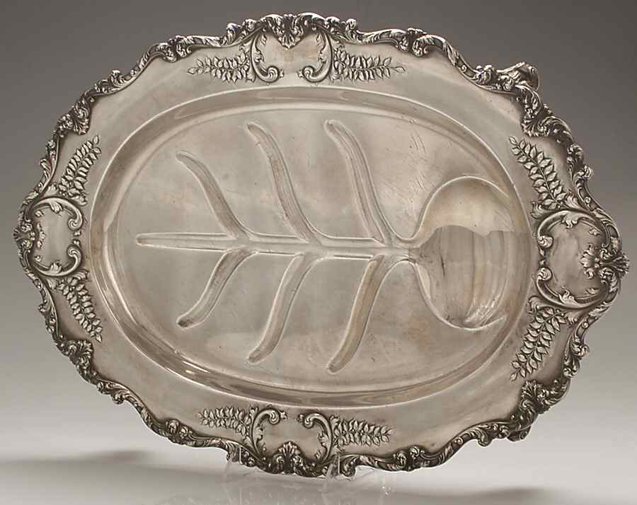 484 (Sterling, Hollowware) Large Footed Sterling Meat Platter with Well by Dominick & Haff-1