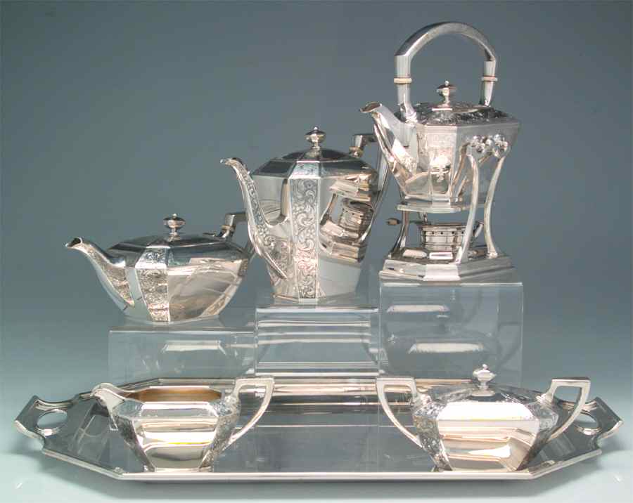 Fairfax-Engraved (Sterling, Hollowware) 6 Piece Tea Set (SCP, STP, SCR, SSU, SKES, WTL) by Durgin-1