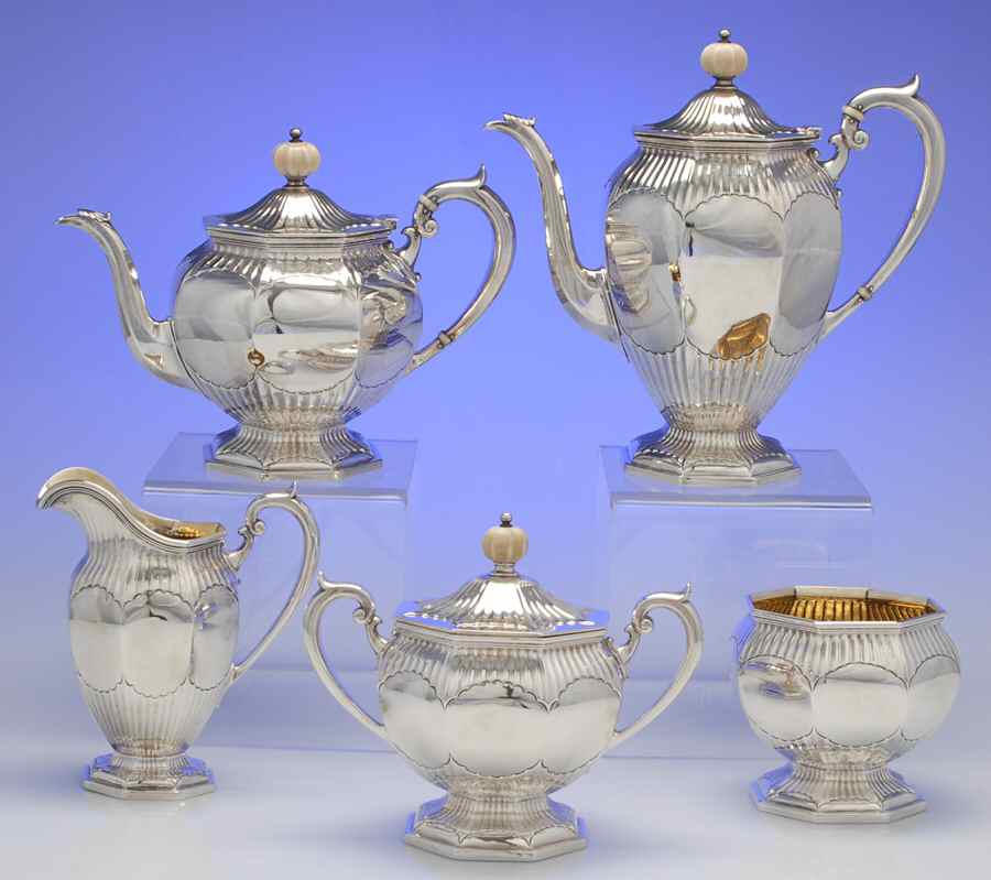 573 (Sterling, Hollowware) 5 Piece Tea Set (SCP, STP, SCR, SSU, SWB) by Durgin-1