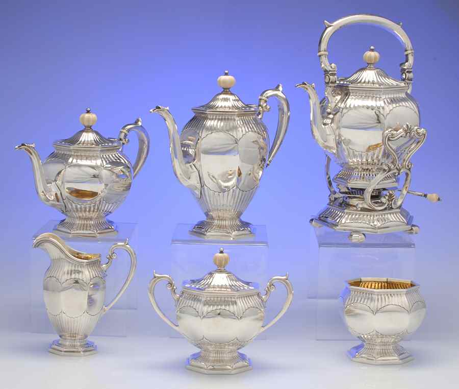 573 (Sterling, Hollowware) 6 Piece Tea Set (SCP, STP, SCR, SSU, SWB, SKES) by Durgin-1