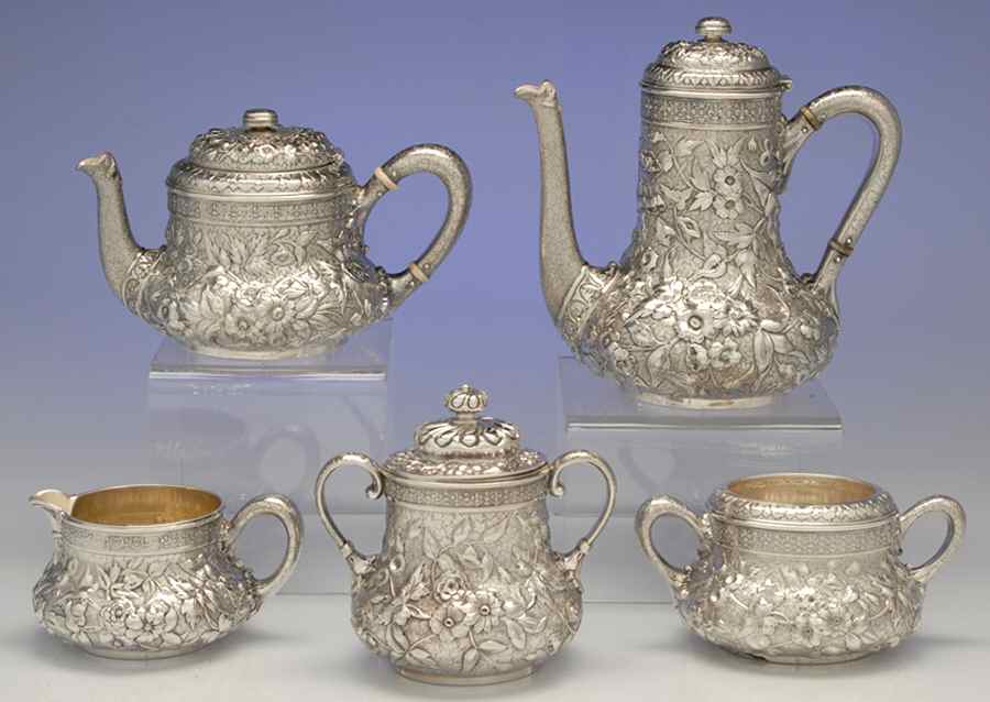 104 (Sterling, Hollowware) 5 Piece Tea Set (SCP, STP, SCR, SSU, SWB) by Dominick & Haff-1