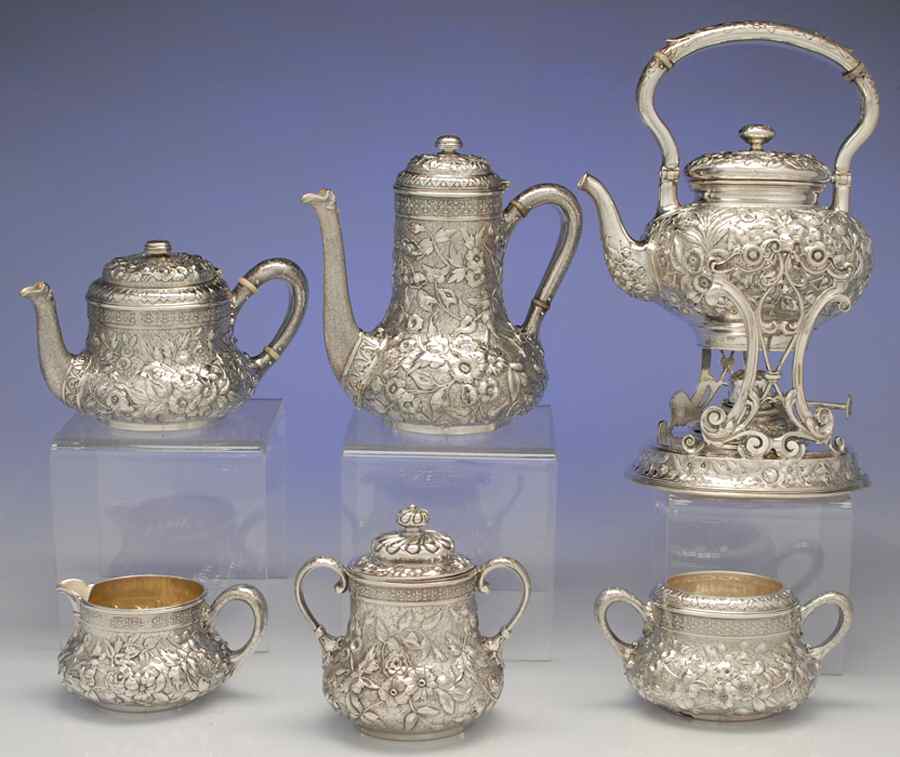 104 (Sterling, Hollowware) 6 Piece Tea Set (SCP, STP, SCR, SSU, SWB, SKES) by Dominick & Haff-1