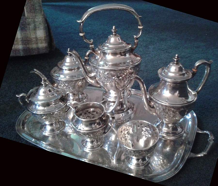 106 (Sterling, Hollowware) 7 Piece Tea Set (SCP, STP, SCR, SSU, SWB, SKES & WTL) by Dunkirk Silversmiths-1