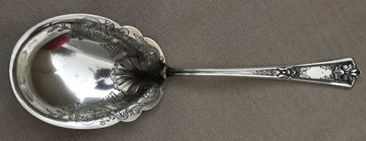 Louis XIV Engraved (Sterling, 1913) Salad Serving Spoon Solid Oversize Bright Cut by Dominick & Haff-1