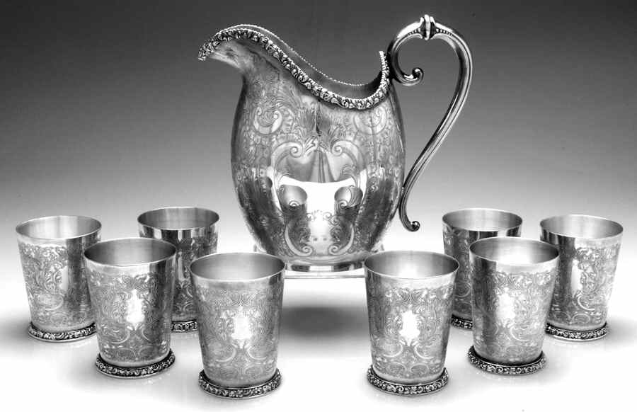 Silverplate Hollowware 64 Oz Water Pitcher and 8 Beakers by Ellis-Barker-1