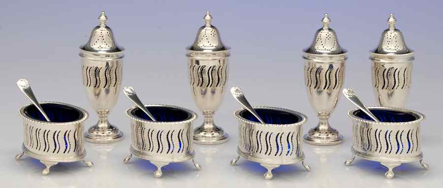Silverplate Hollowware Open Salt Master with Cobalt Liner & Spoon & Pepper Shaker - Set of 4 by Ellis-Barker-1