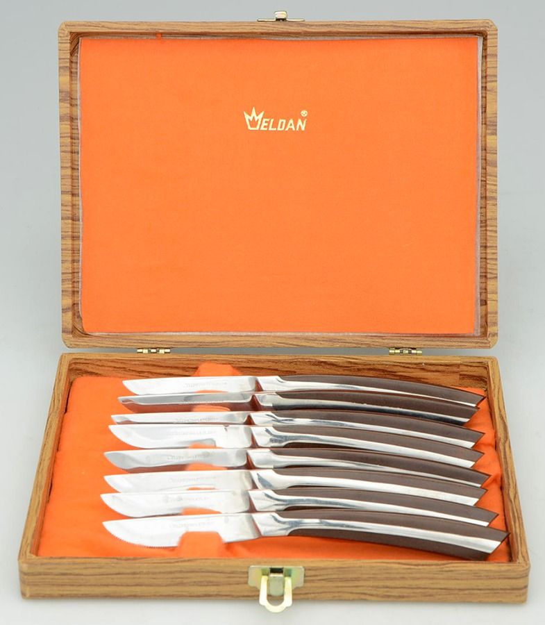 ELD2-BROWN (STAINLESS) (Set of 8) Individual Steak Knives & Case by Eldan-1