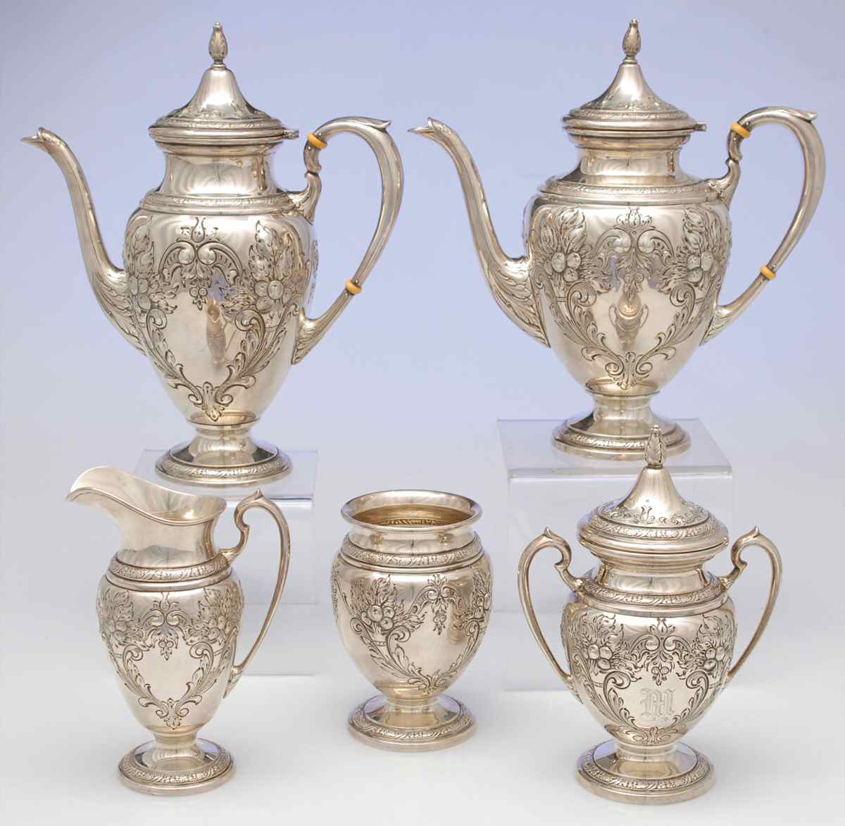 Champlain (Sterling, Hollowware) 5 Piece Tea Set (SCP, STP, SCR, SSU, SWB) by Ellmore-1