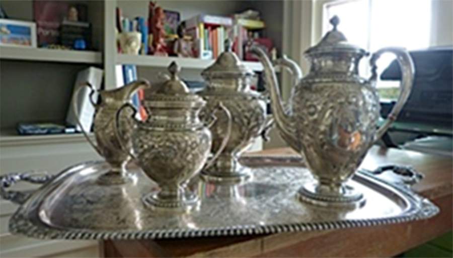 Lily-Floral (Sterling, Hollowware) 4 Piece Tea Set (SCP, STP, SCR, SSU) by Ellmore-1