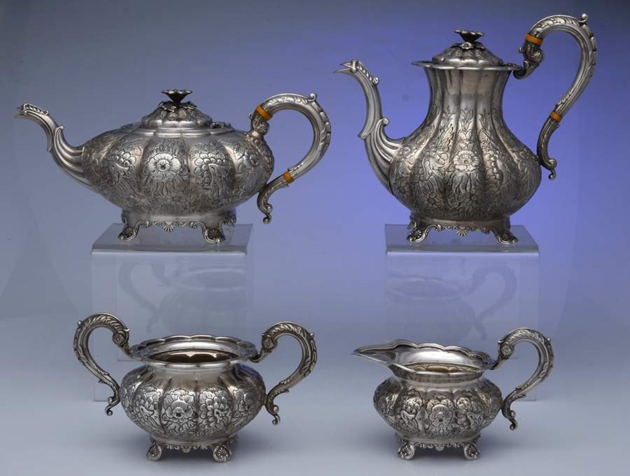 Melon-Full Chased (Silverplate, Hollowware) 4 Piece Tea Set (PCP, PTP, PCR, PSUO) by Ellis-Barker-1