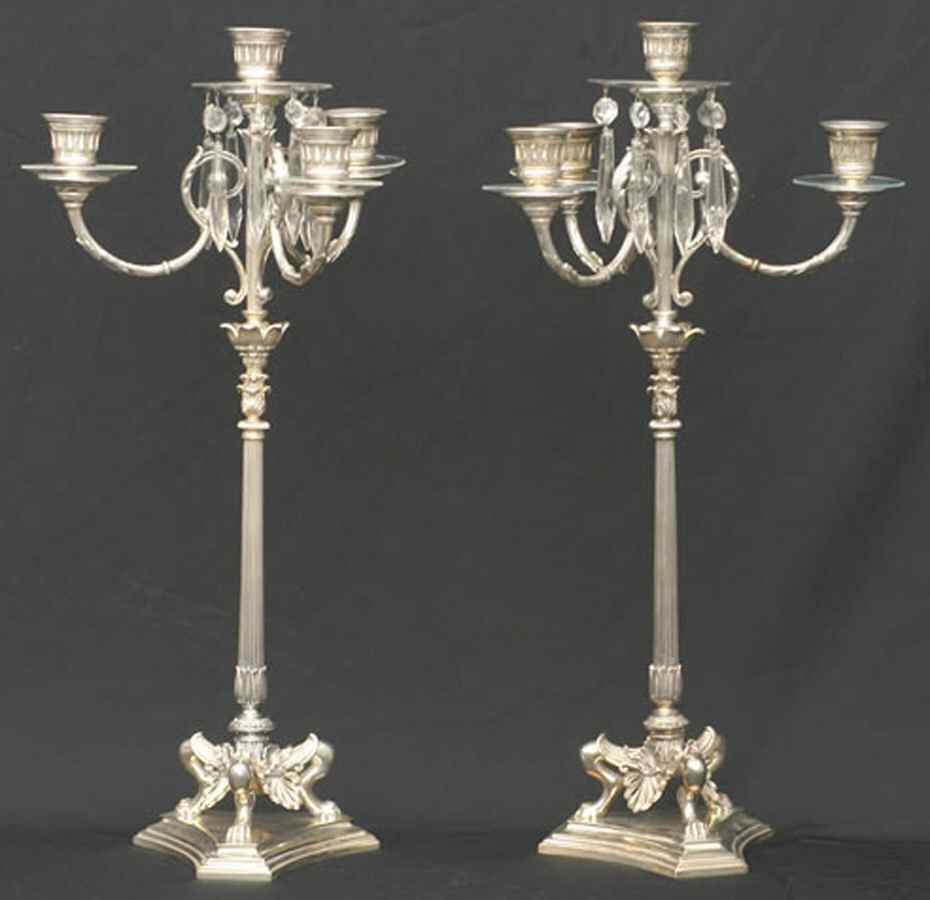 8926 (Silverplate, Hollowware) 4lt Candelabra W/Plt Bob & 8 Crystal Prisms (2) by Elkington-1