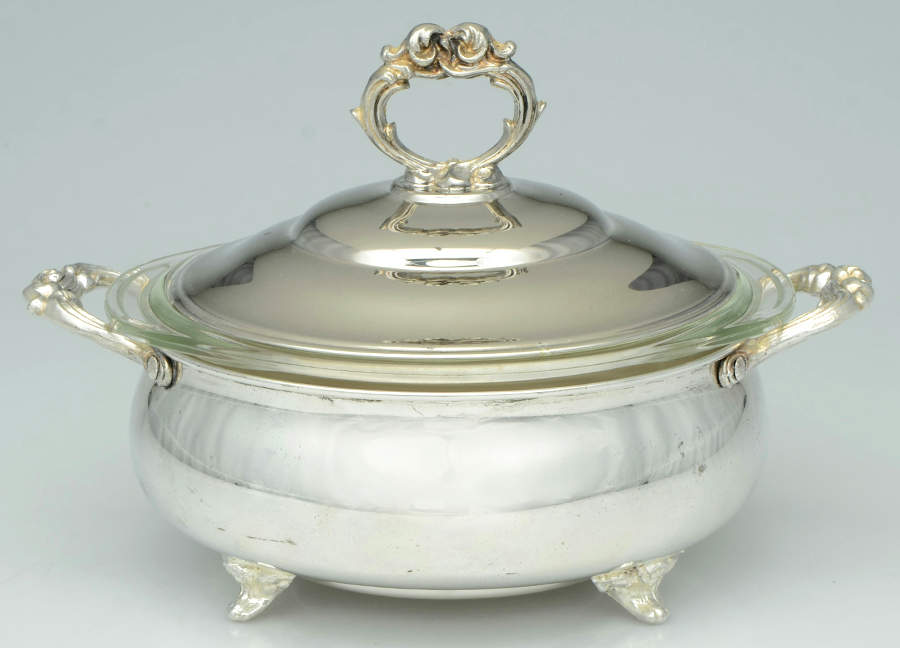 123E (Silverplate, Hollowware) Plated Round Covered Casserole with Glass by English Silver Mfg Co.-1