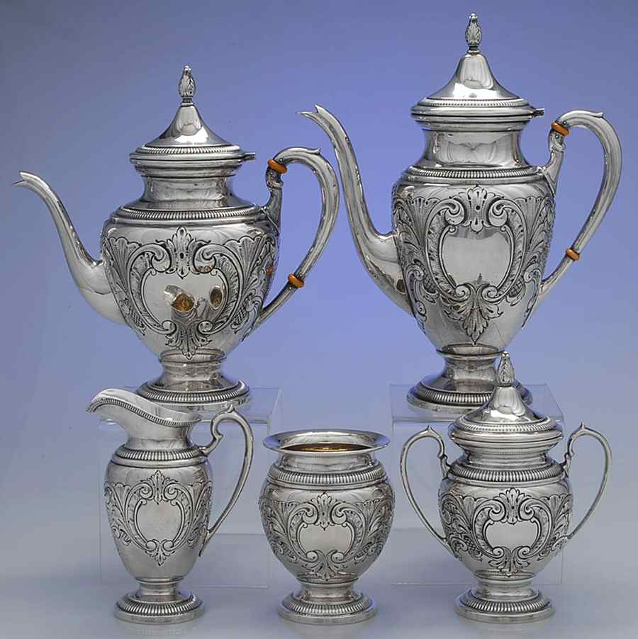 Victoria (Sterling, Hollowware) 5 Piece Tea Set (SCP, STP, SCR, SSU, SWB) by Ellmore-1