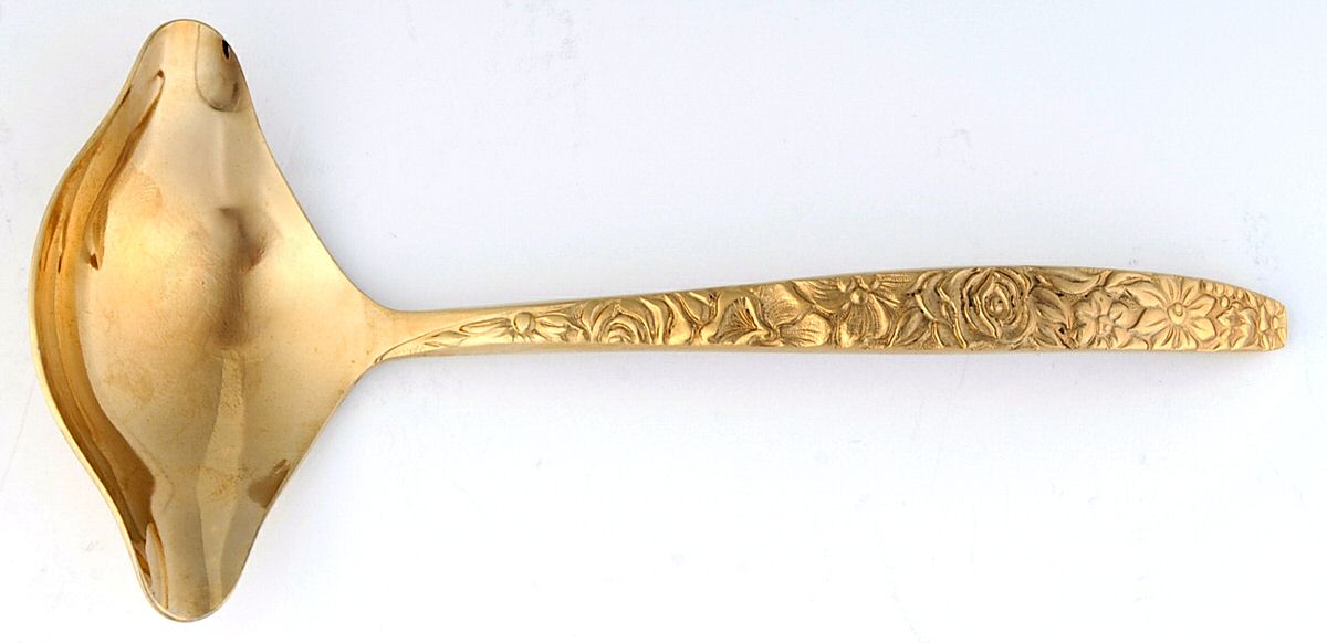 Las Palmas (Gold Electroplate) 2 Spout Gravy Ladle-Solid Piece by Ekco Silver-1