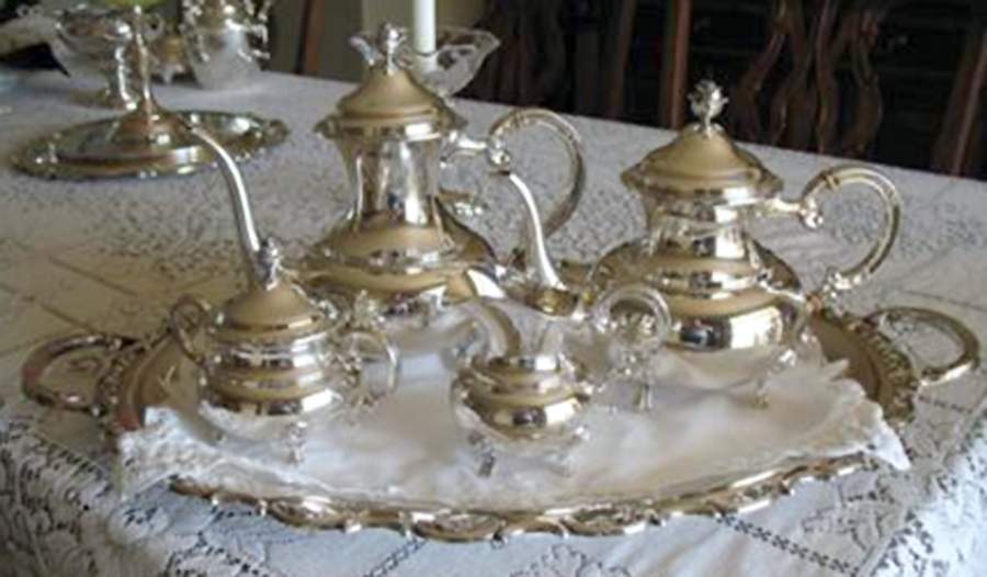 EUF6 (Sterling, Hollowware) 5 Piece Sterling Tea Set with Silverplate Tray by Eugen Ferner-1
