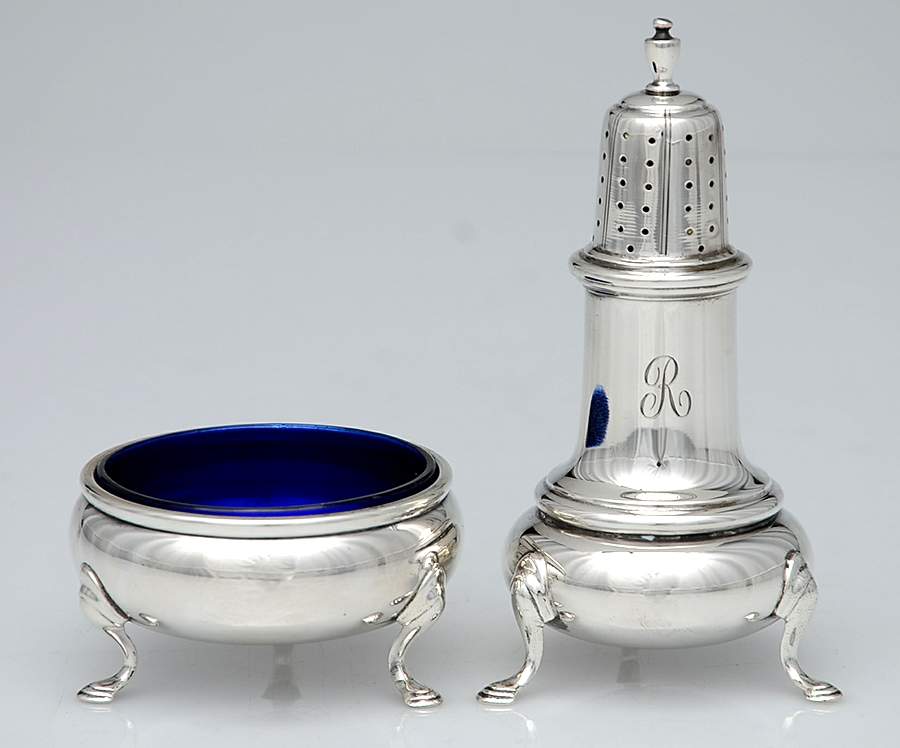 George II-Repro (Sterling, Hollowware) Open Salt Master W/Cobalt Liner & Pepper Shaker by Ellmore-1
