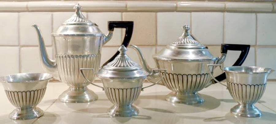 1407 (Sterling, Hollowware) 5 Piece Tea Set (SCP, STP, SCR, SSU, SWB) by Ellmore-1