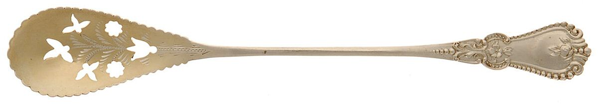 Alice (Sterling, 1895) Bright Cut Pierced Bowl Long Handle Olive Spoon by Fessenden-1