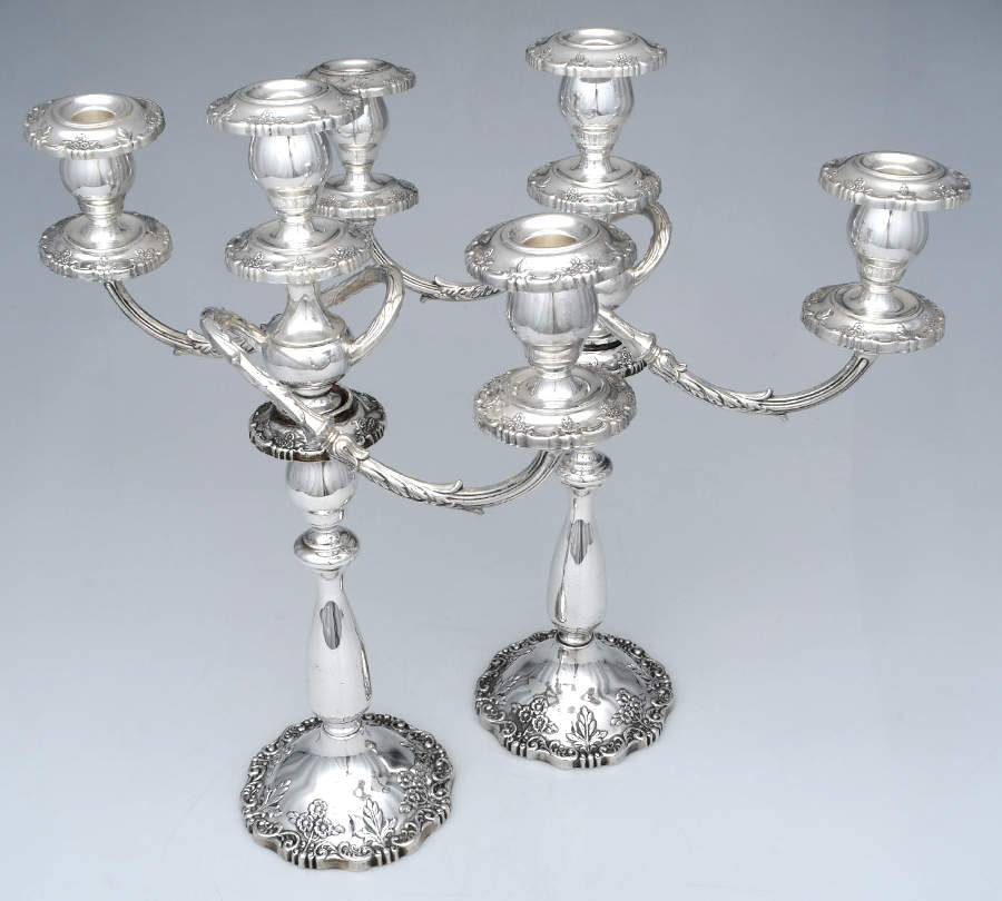 English Rose (Sterling, Hollowware) Pair of Weighted 3 Light Candelabra by Fisher Silversmiths-1