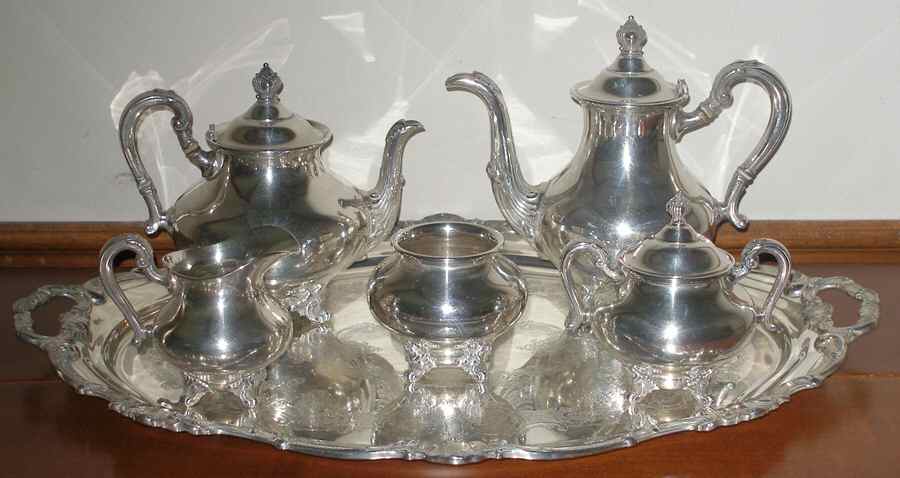 Montagne (Sterling, Hollowware) 5 Piece Tea Set (SCP, STP, SCR, SSU, SWB) by Fisher Silversmiths-1