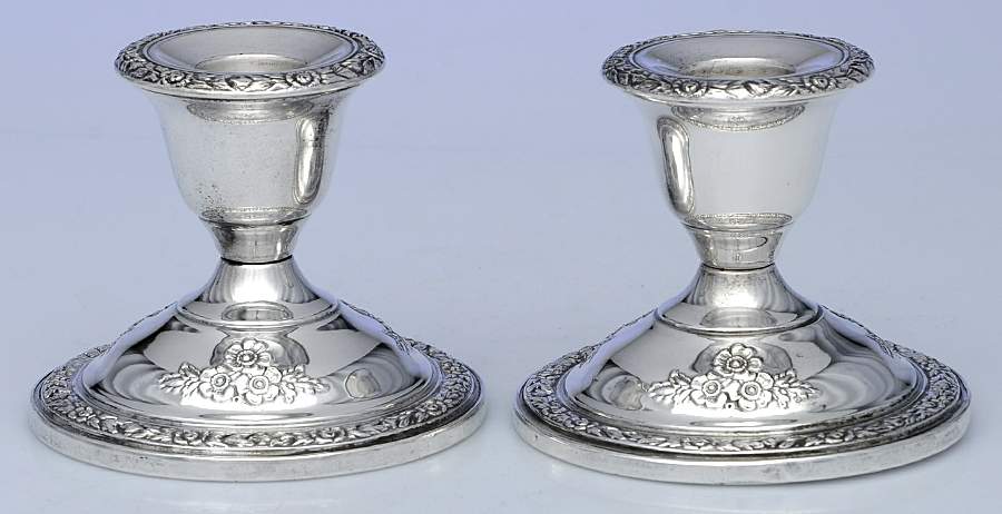 Rose Bouquet (Strl, Hlwr, Floral Band&Bouquets) Pair of Weighted Console Candleholders by Fisher Silversmiths-1