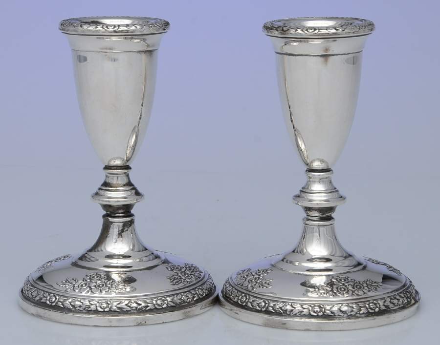 Rose Bouquet (Strl, Hlwr, Floral Band&Bouquets) Pair of 5" Weighted Candlesticks by Fisher Silversmiths-1