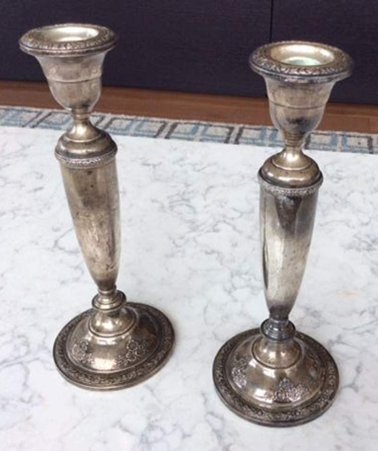 Rose Bouquet (Strl, Hlwr, Floral Band&Bouquets) Pair of 9" Weighted Candlesticks by Fisher Silversmiths-1