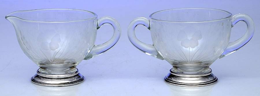 Sterling Hollowware Crystal Creamer & Sugar with Sterling Base by Frank Whiting-1