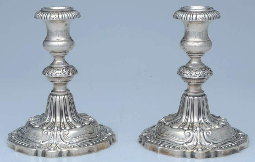 Victoria (Sterling, Hollowware) Pair of 7" Weighted Candlestick by Fisher Silversmiths-1