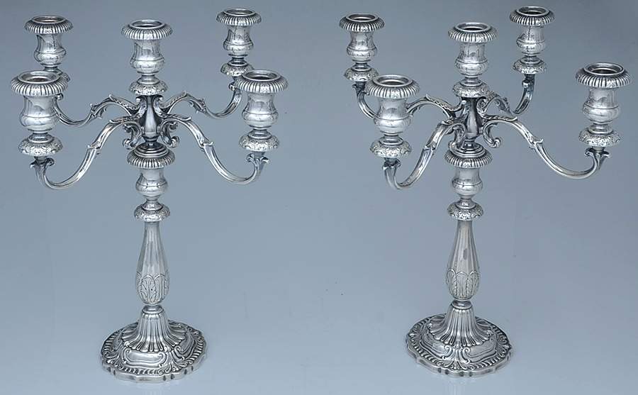Victoria (Sterling, Hollowware) Pair of Weighted 5 Light Candelabra by Fisher Silversmiths-1