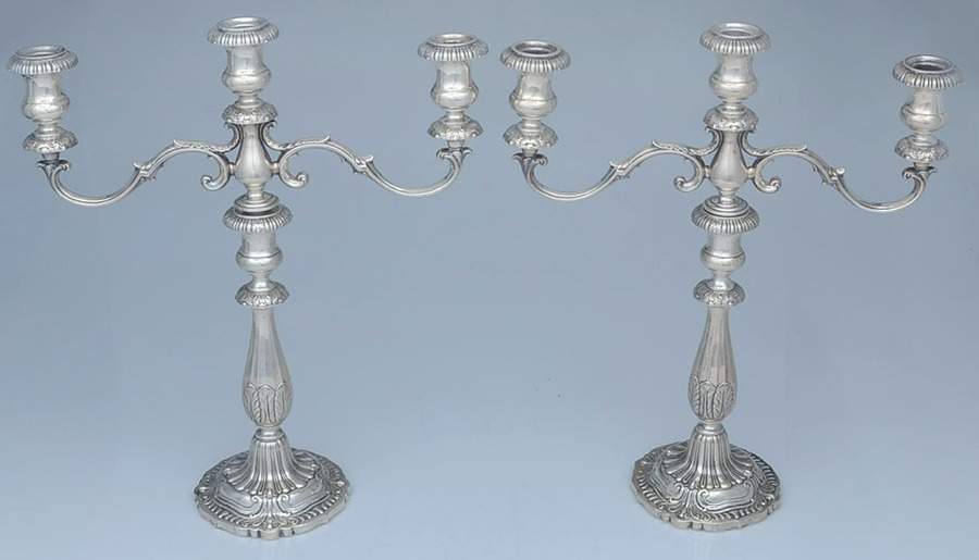 Victoria (Sterling, Hollowware) Pair of Weighted 3 Light Candelabra by Fisher Silversmiths-1
